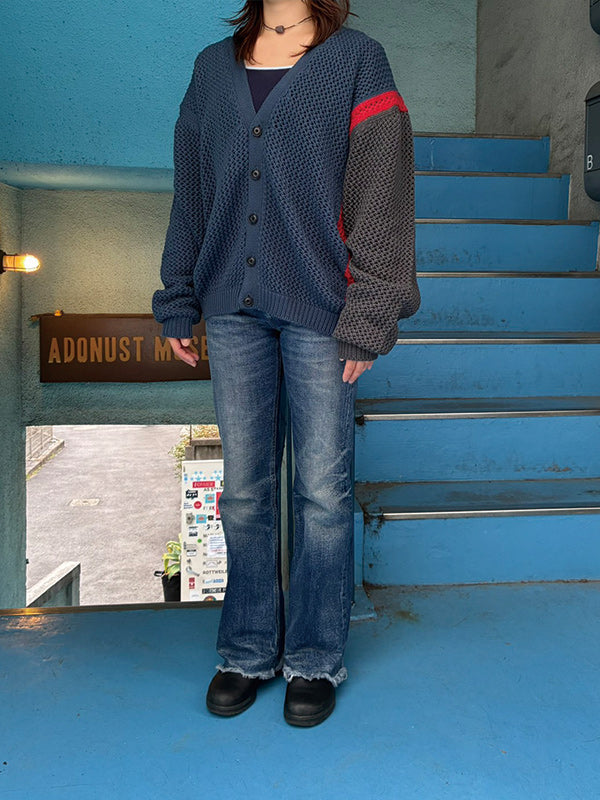 AS STANDARD x MAKE YARN  アズスタンダ－ドxメイクヤ－ンMesh Knit Cardigan - NAVYxREDxGRY -