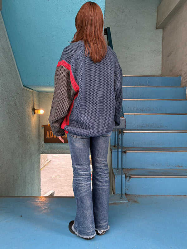AS STANDARD x MAKE YARN  アズスタンダ－ドxメイクヤ－ンMesh Knit Cardigan - NAVYxREDxGRY -