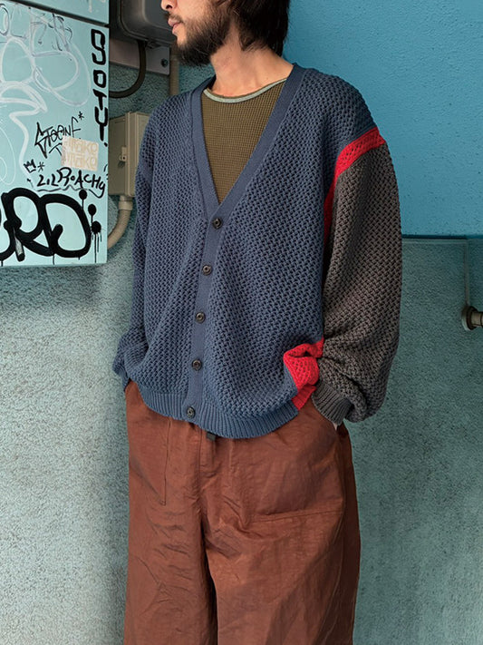AS STANDARD x MAKE YARN  アズスタンダ－ドxメイクヤ－ンMesh Knit Cardigan - NAVYxREDxGRY -
