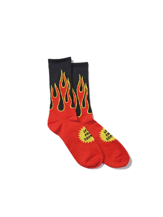 Cookman クックマン ソックス Rib Crew Socks Flame - Black / Red -